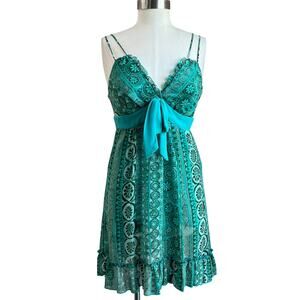 Y2K Love Tease Green Floral Geometric Print Front Bow Baby Doll Dress Size 5